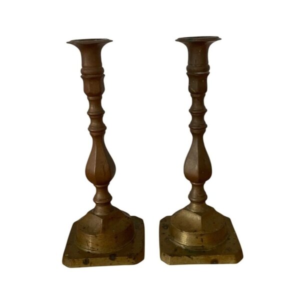 Vtg Solid Brass Taper Candle Holders Set Of 2 Square Base 10" Home Decor - Picture 1 of 7